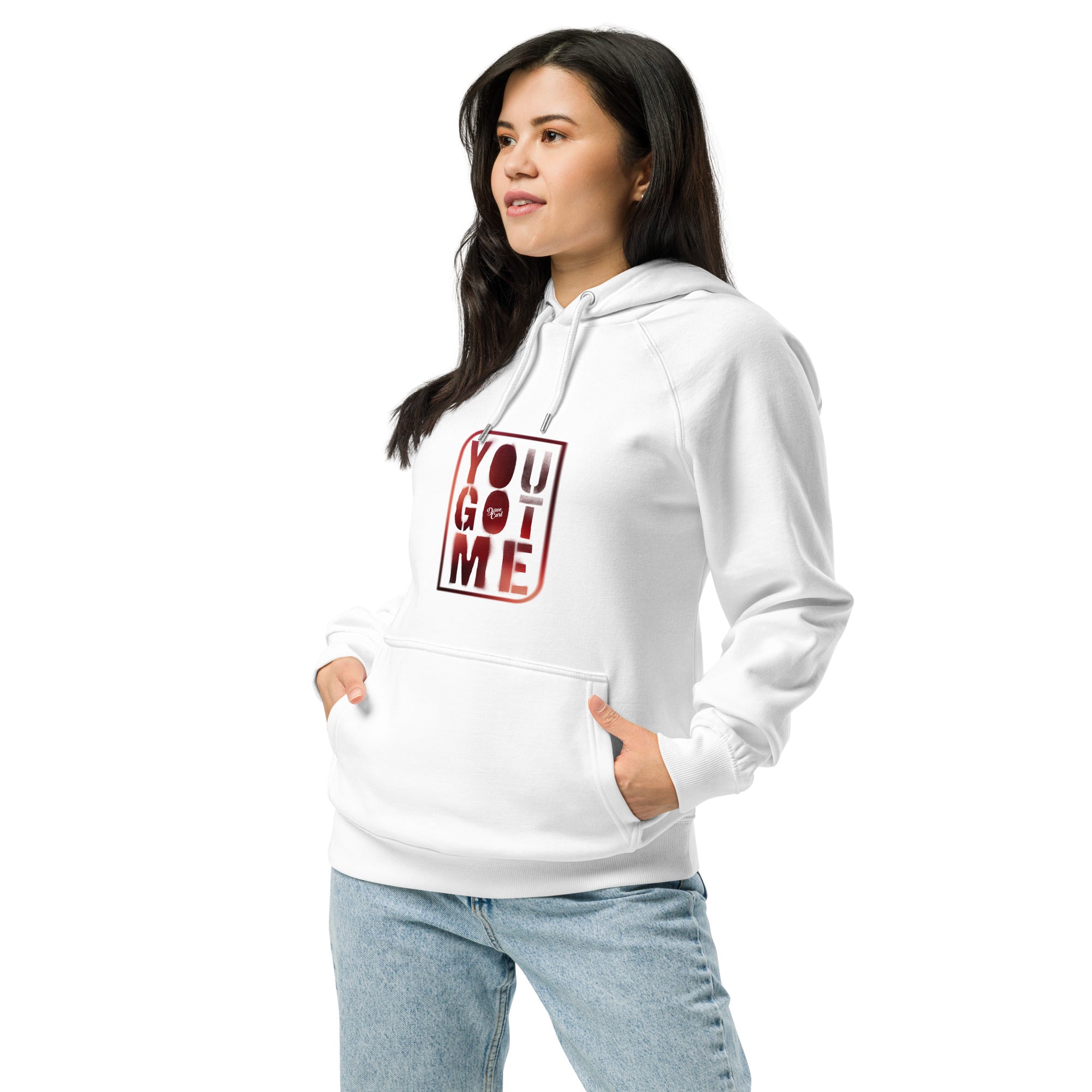 White color Unisex eco raglan hoodie you got me